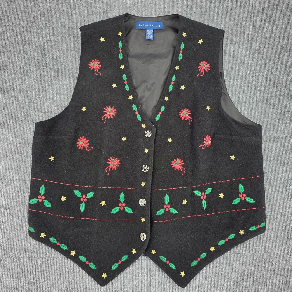 Karen Scott II Black Christmas Vest Embroidered Poinsettia Holly Stars